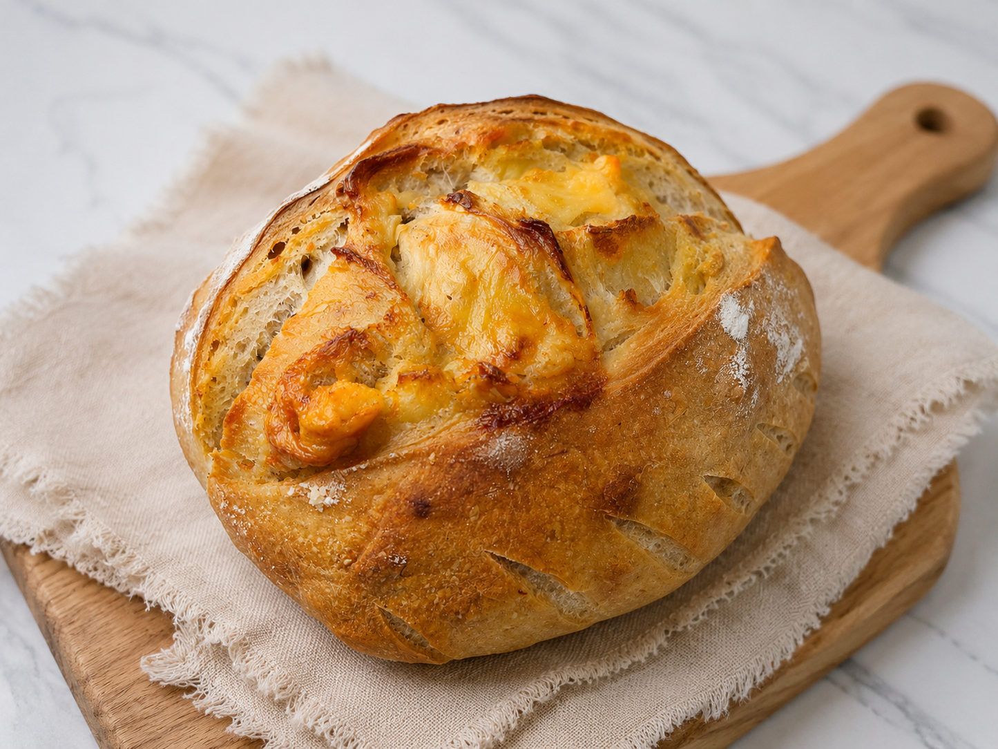 Pão Artesanal de Massa-mãe de Alho Assado e Queijo Cheddar